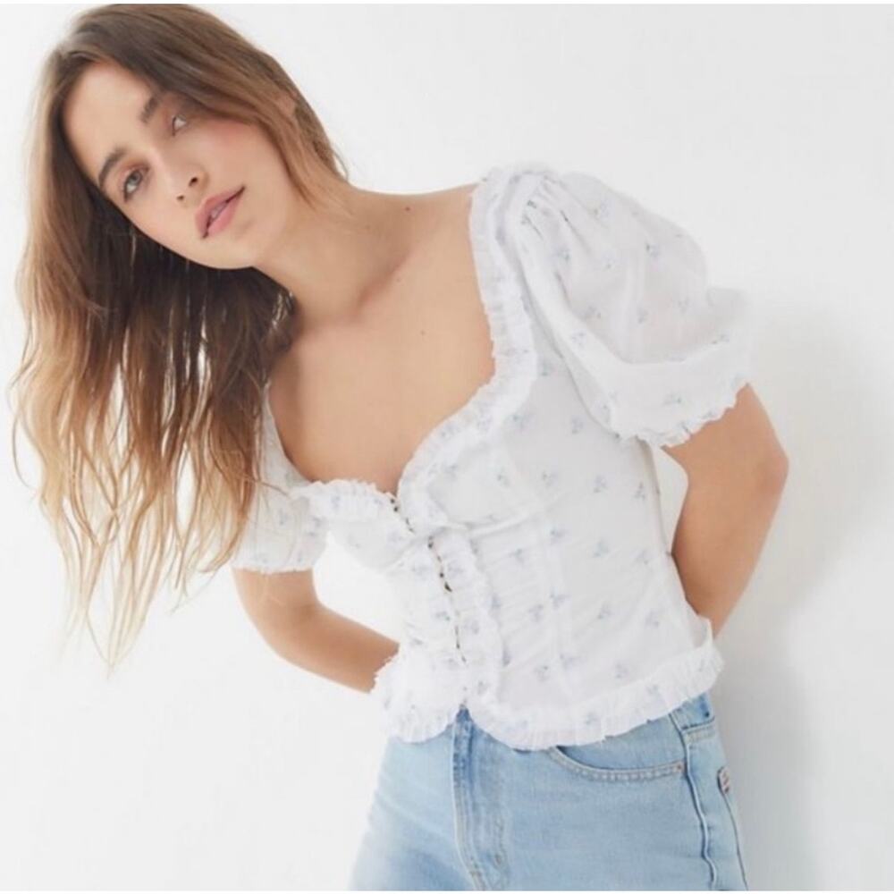 NWT For Love & Lemons Delilah Ruffle Puff Sleeve Top Large White Floral Milkmaid